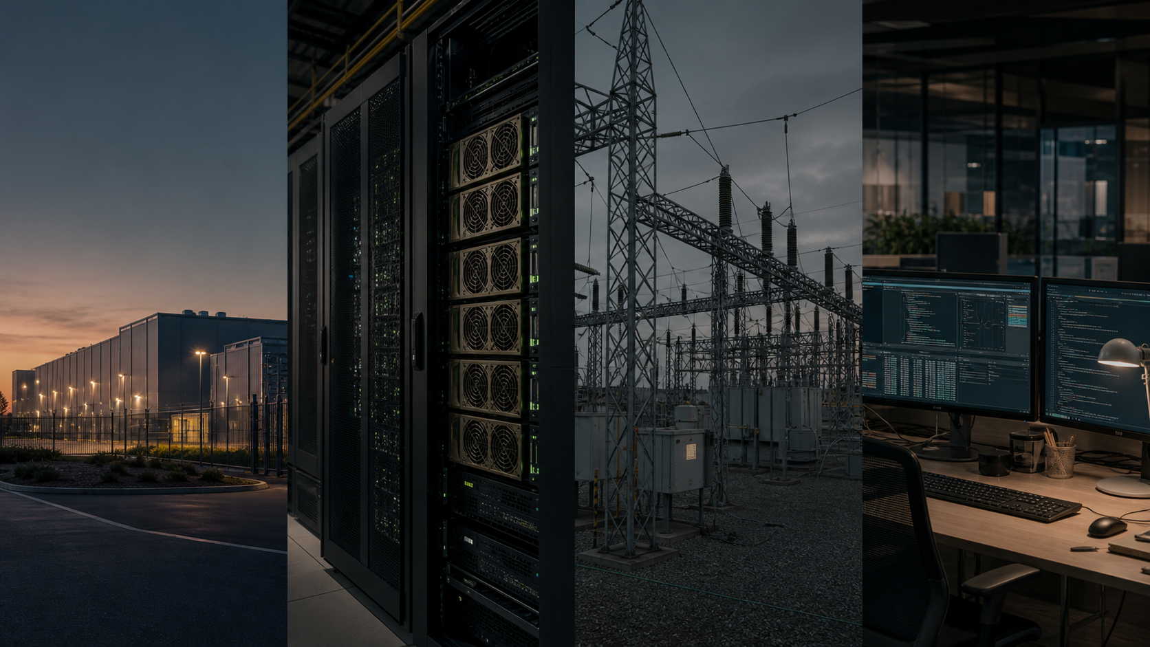 AI infrastructure context showing data center, compute racks, power infrastructure, and an operational workspace.